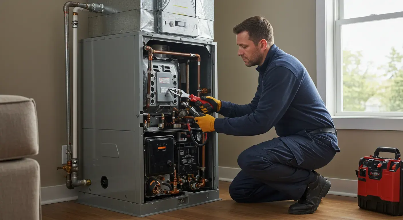 A technician in a blue sweater and yellow gloves kneels, using a wrench to work on the copper piping inside a furnace.