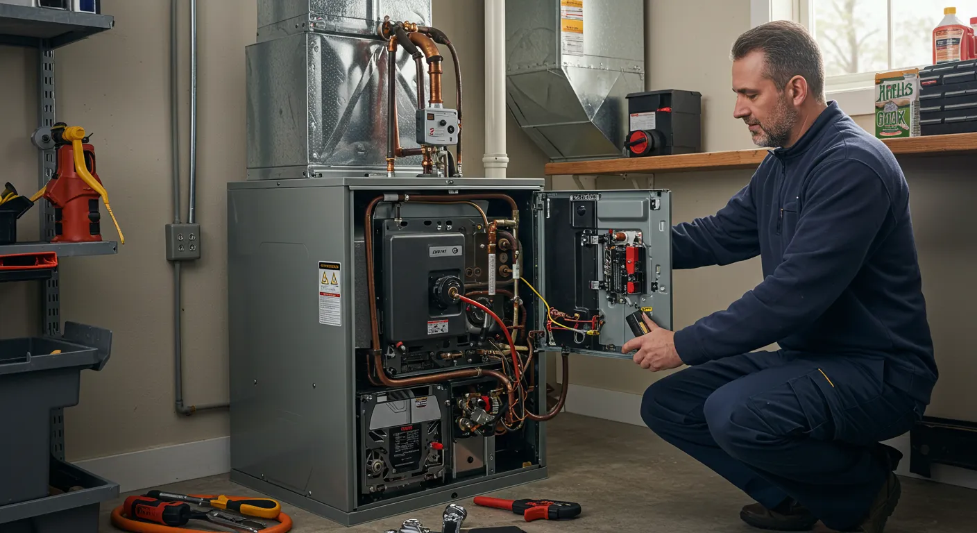A technician in a blue polo and black gloves kneels, opening the control panel of a furnace with a collection of tools on the floor nearby.