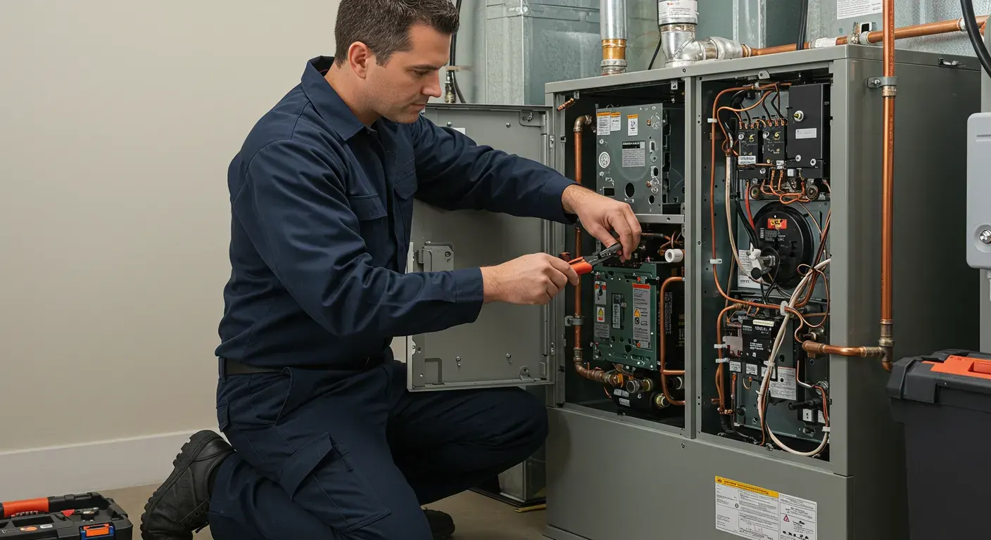 A side view of a technician kneeling and using a screwdriver to work on the electronic board of a furnace.
