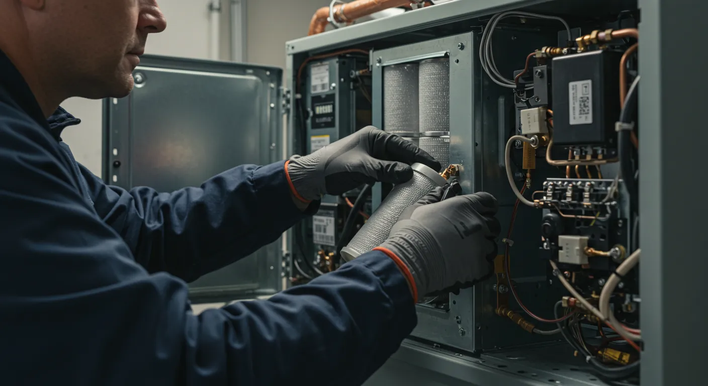 A close-up of a technician's hands holding and inspecting two cylindrical metal filters within a furnace.