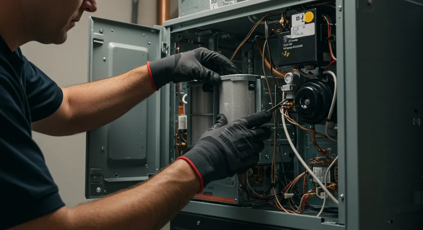 A close-up of a technician's gloved hands working on the internal components of a furnace.