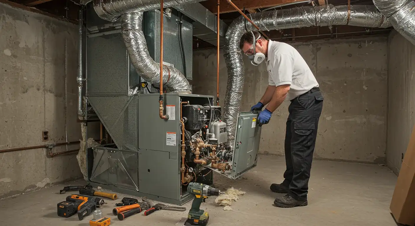 A masked technician in a white shirt and gloves removes a furnace panel in a basement surrounded by tools and ductwork.