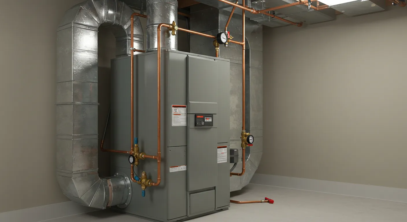 A wide view of a modern furnace installation with shiny copper pipes and metal ducts in a clean room.