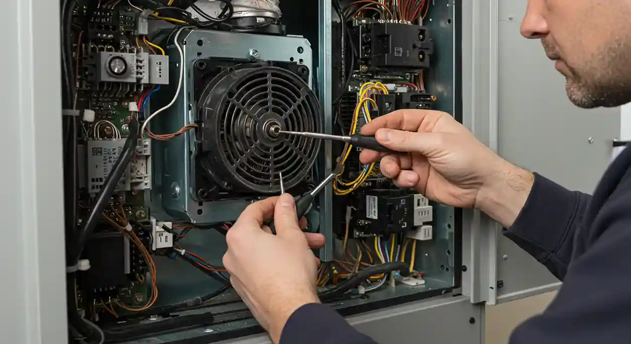 A technician uses a screwdriver to work on the fan motor and internal wiring of an open furnace unit.