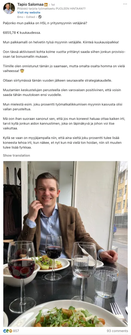A LinkedIn post by Tapio Salomaa written with Haamu