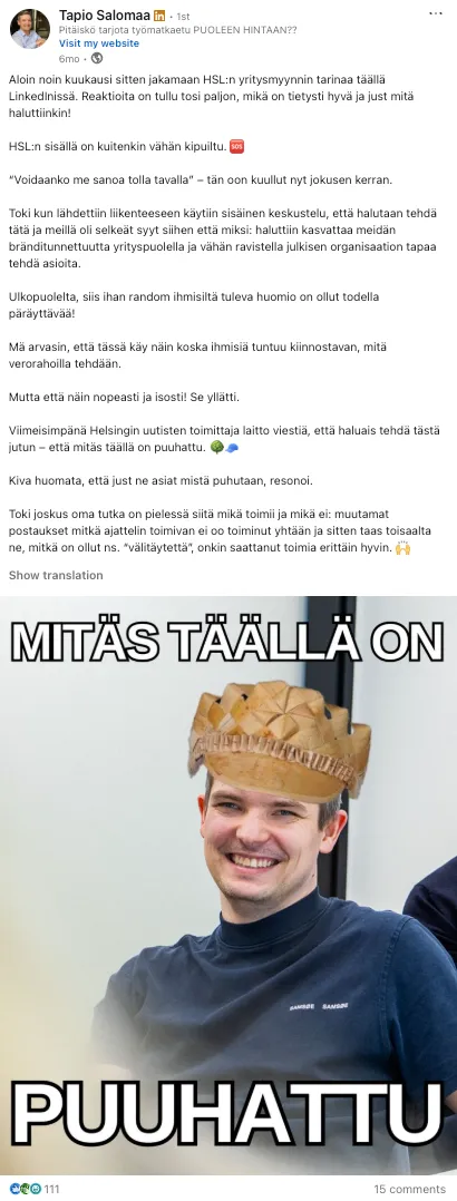 A LinkedIn post by Tapio Salomaa written with Haamu
