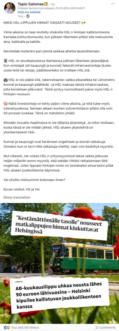 A LinkedIn post by Tapio Salomaa written with Haamu