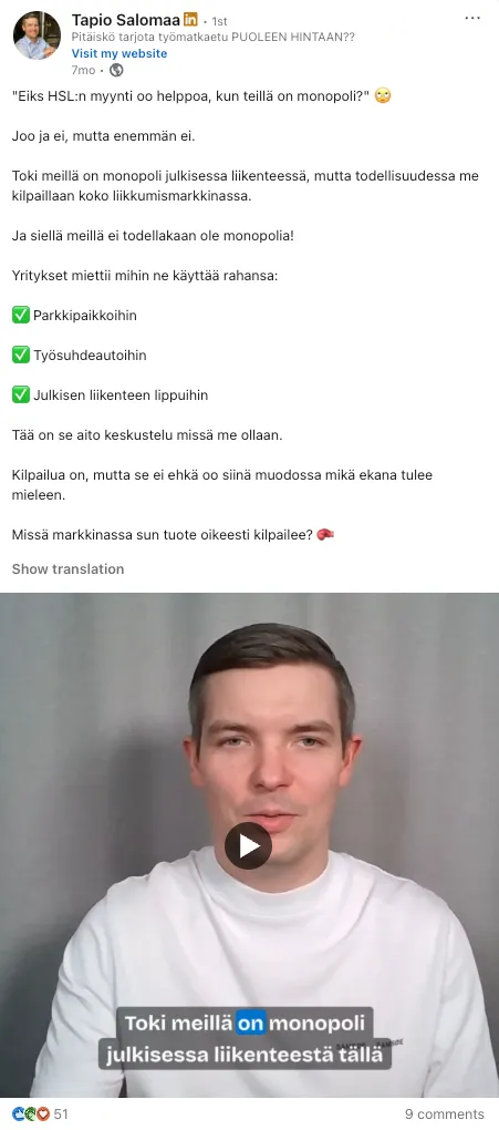 A LinkedIn post by Tapio Salomaa written with Haamu