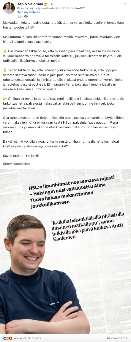 A LinkedIn post by Tapio Salomaa written with Haamu