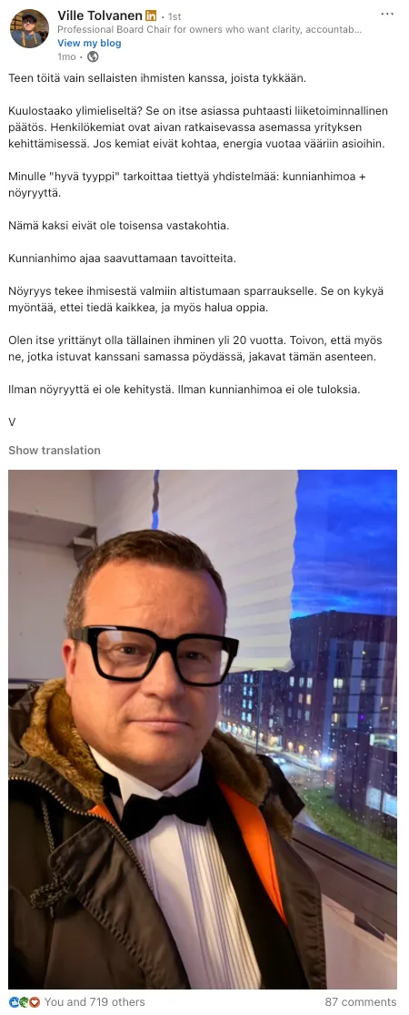 A LinkedIn post by Ville Tolvanen on leadership and governance