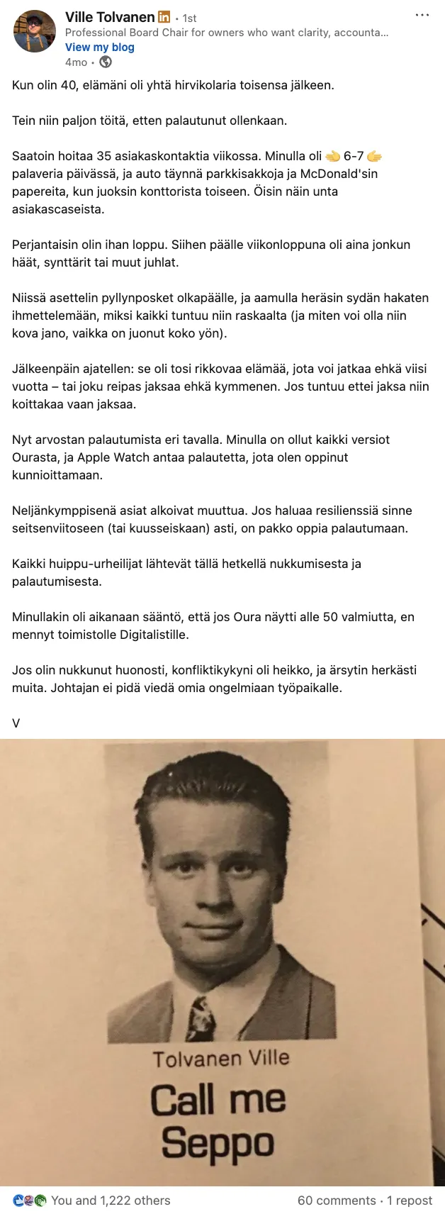 A LinkedIn post by Ville Tolvanen about board work