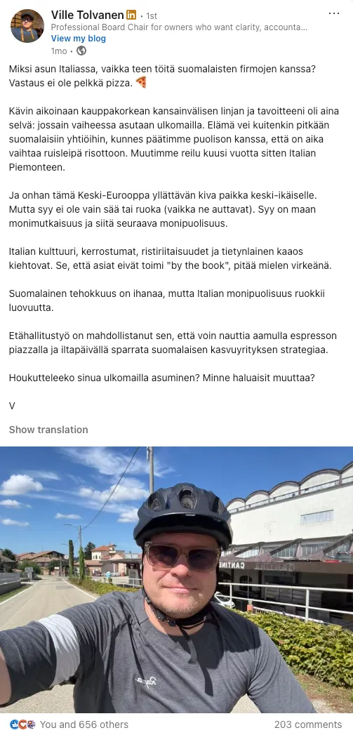 A LinkedIn post by Ville Tolvanen written with Haamu