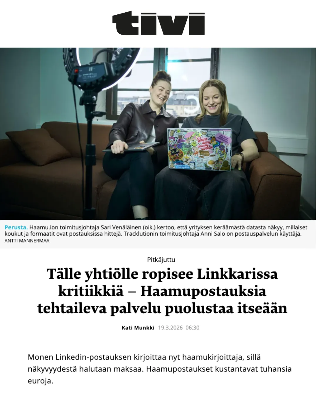Tivi article about haamu, March 2026