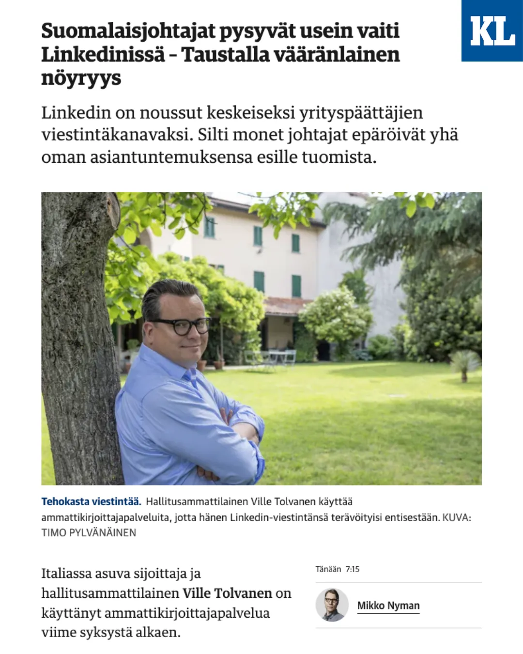 Kauppalehti article featuring haamu customer Ville Tolvanen, June 2026