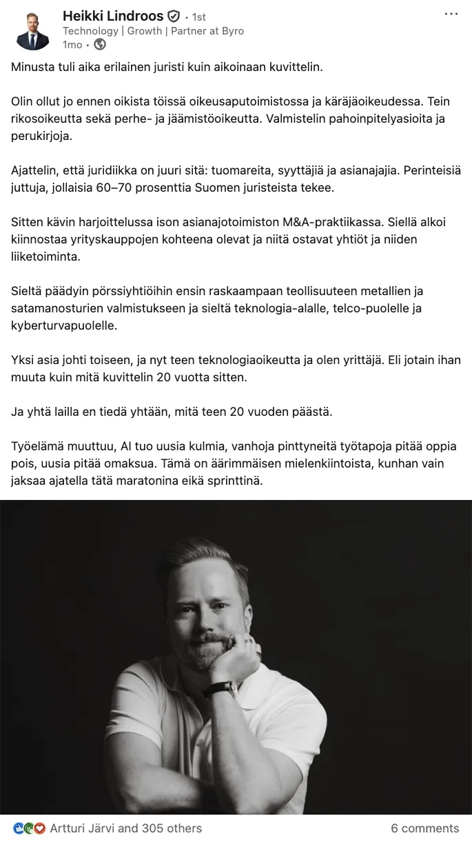 LinkedIn post by Heikki Lindroos, Byro Legal