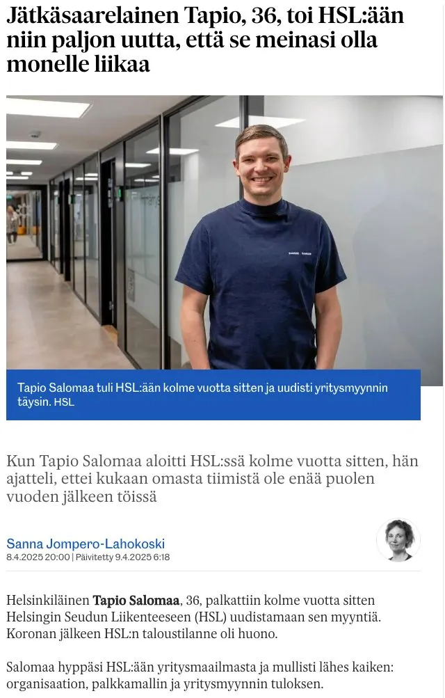 Helsingin Uutiset article about Tapio Salomaa and HSL