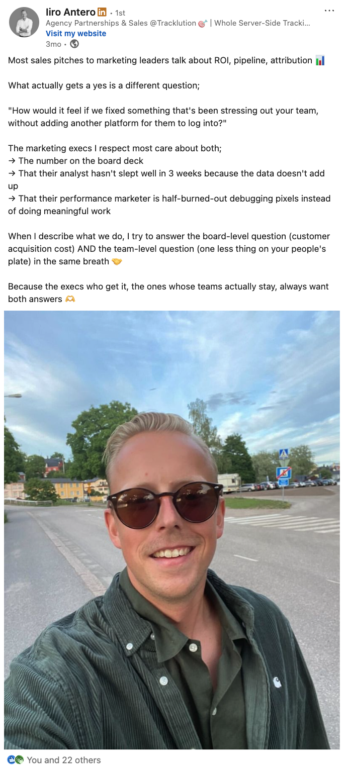 A LinkedIn post by Iiro Antero of Tracklution