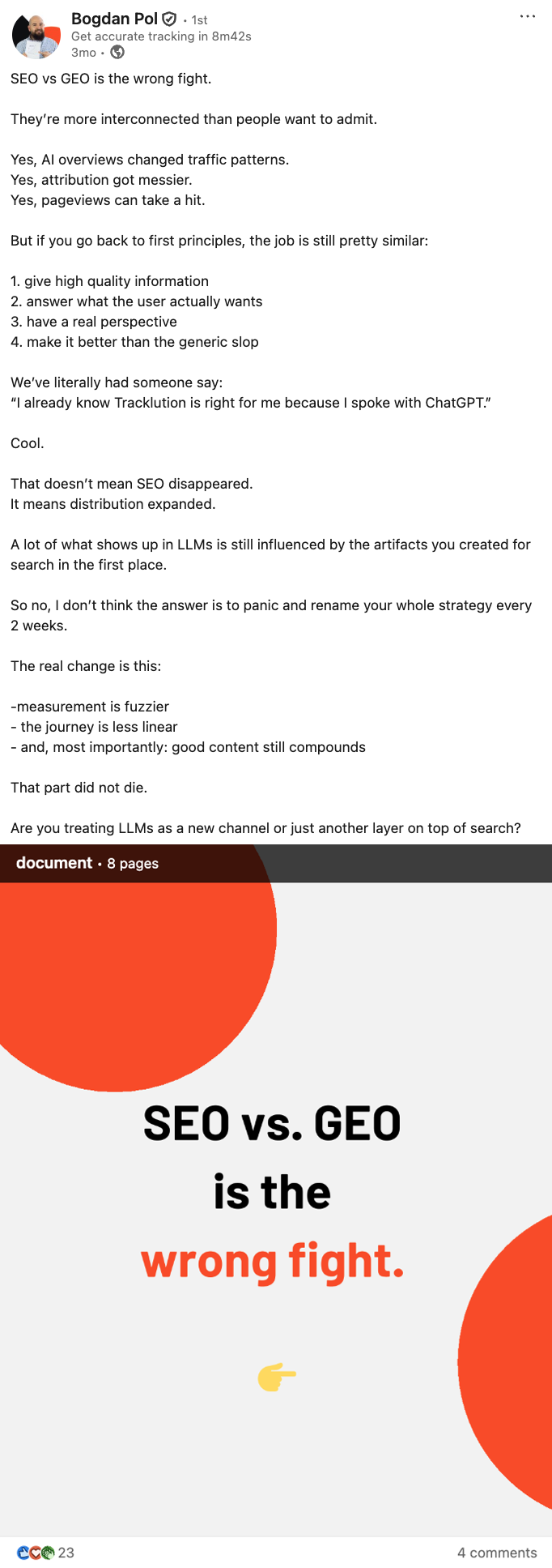 A LinkedIn post by Bogdan Pol of Tracklution
