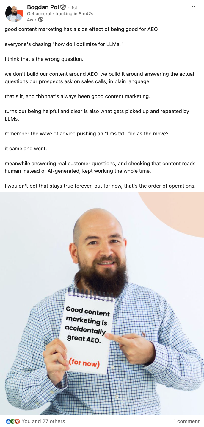 A LinkedIn post by Bogdan Pol about growth and tracking