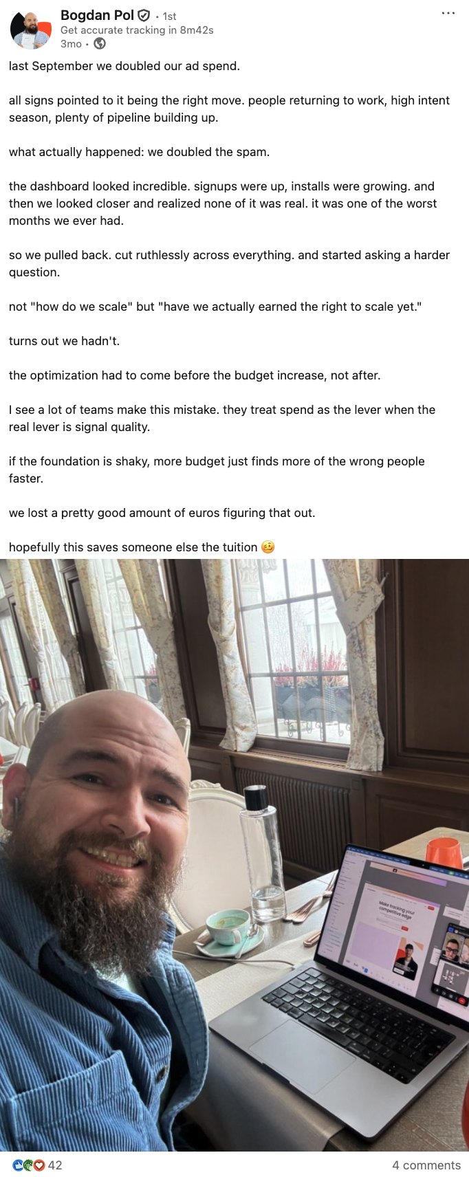 A LinkedIn post by Bogdan Pol aimed at advertisers