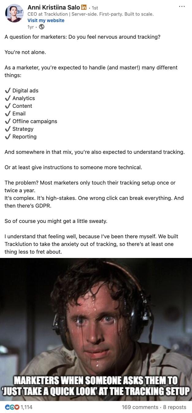 A LinkedIn post by Anni Salo of Tracklution