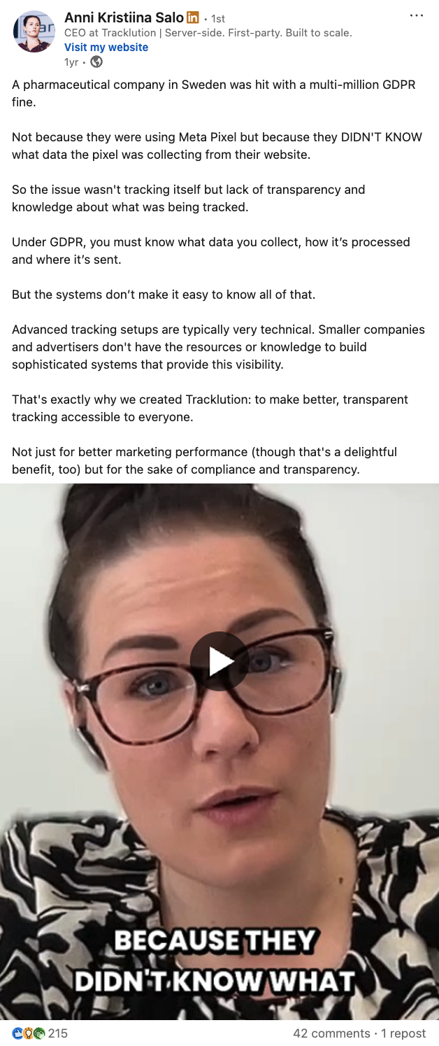 A LinkedIn post by Anni Salo about tracking