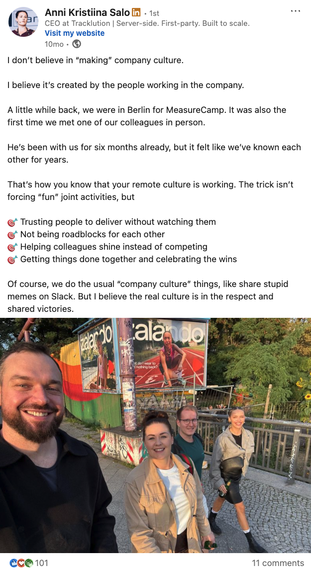 A LinkedIn post by Anni Salo of Tracklution