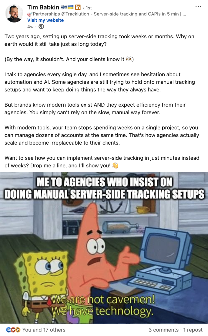 A LinkedIn post by Tim Babkin that drew a discussion in the comments