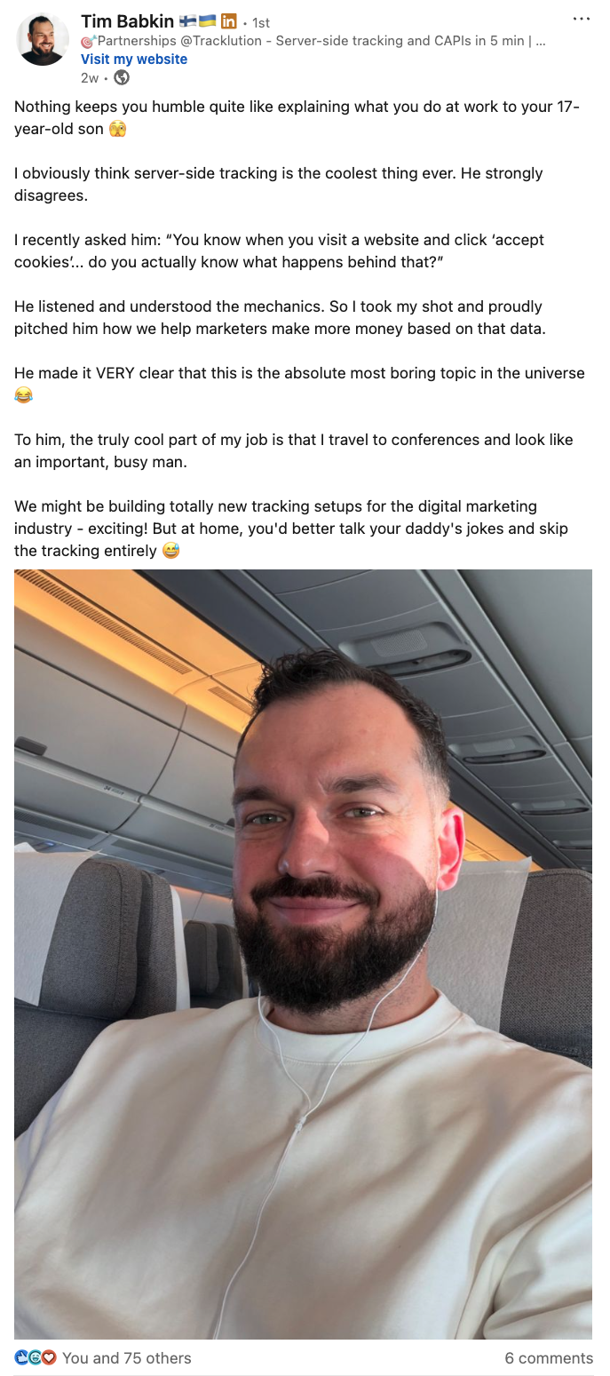 A LinkedIn post by Tim Babkin of Tracklution