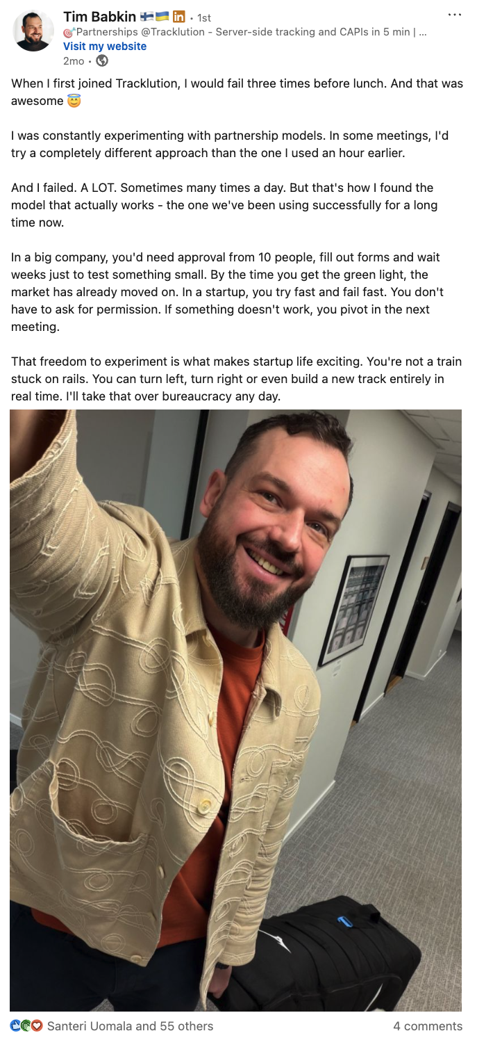 A LinkedIn post by Tim Babkin showing the human side of the company
