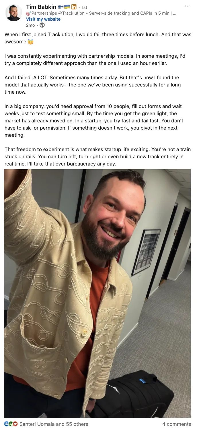 LinkedIn post by Tim, Tracklution