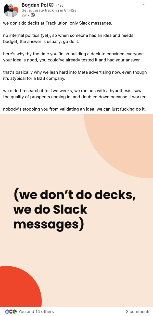 LinkedIn post by Bogdan Pol, Tracklution