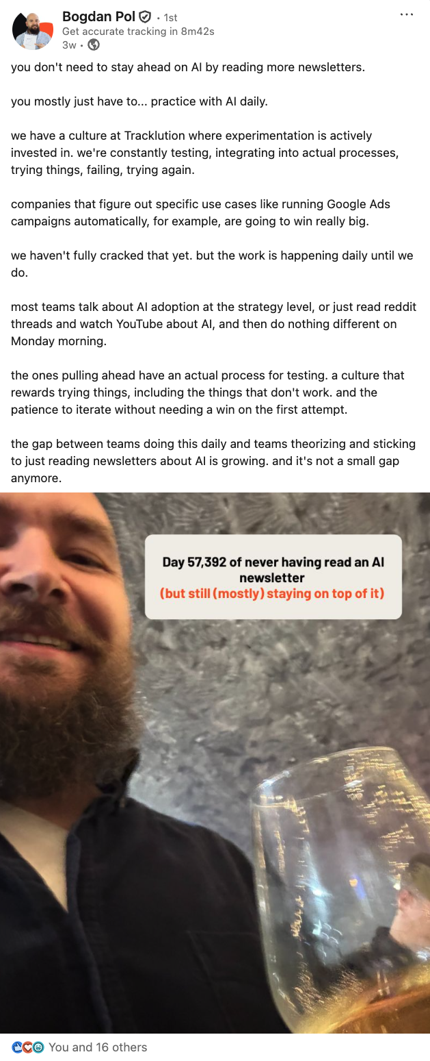 LinkedIn post by Bogdan Pol, Tracklution
