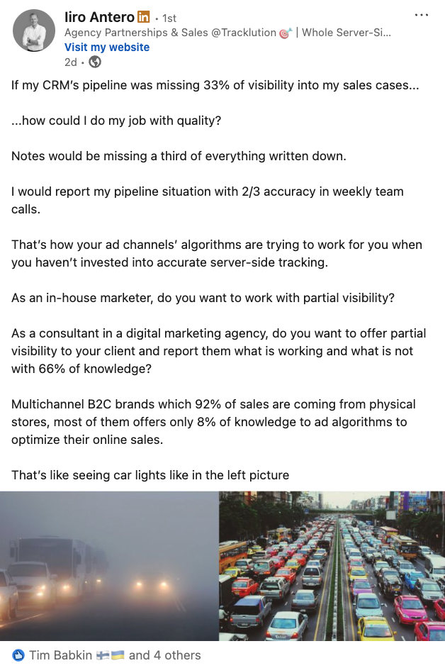 LinkedIn post by Iiro Antero, Tracklution