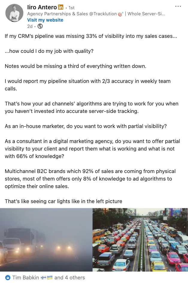 LinkedIn post by Iiro Antero, Tracklution