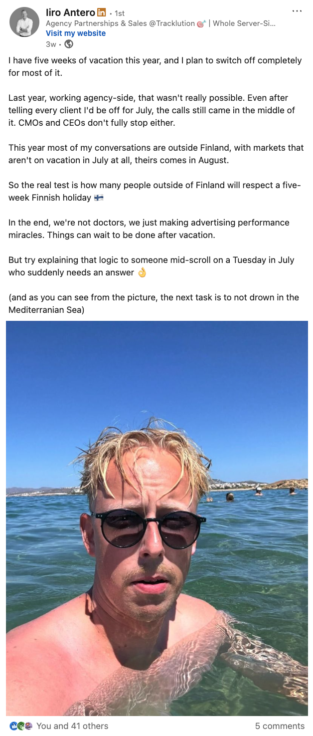 LinkedIn post by Iiro Antero, Tracklution