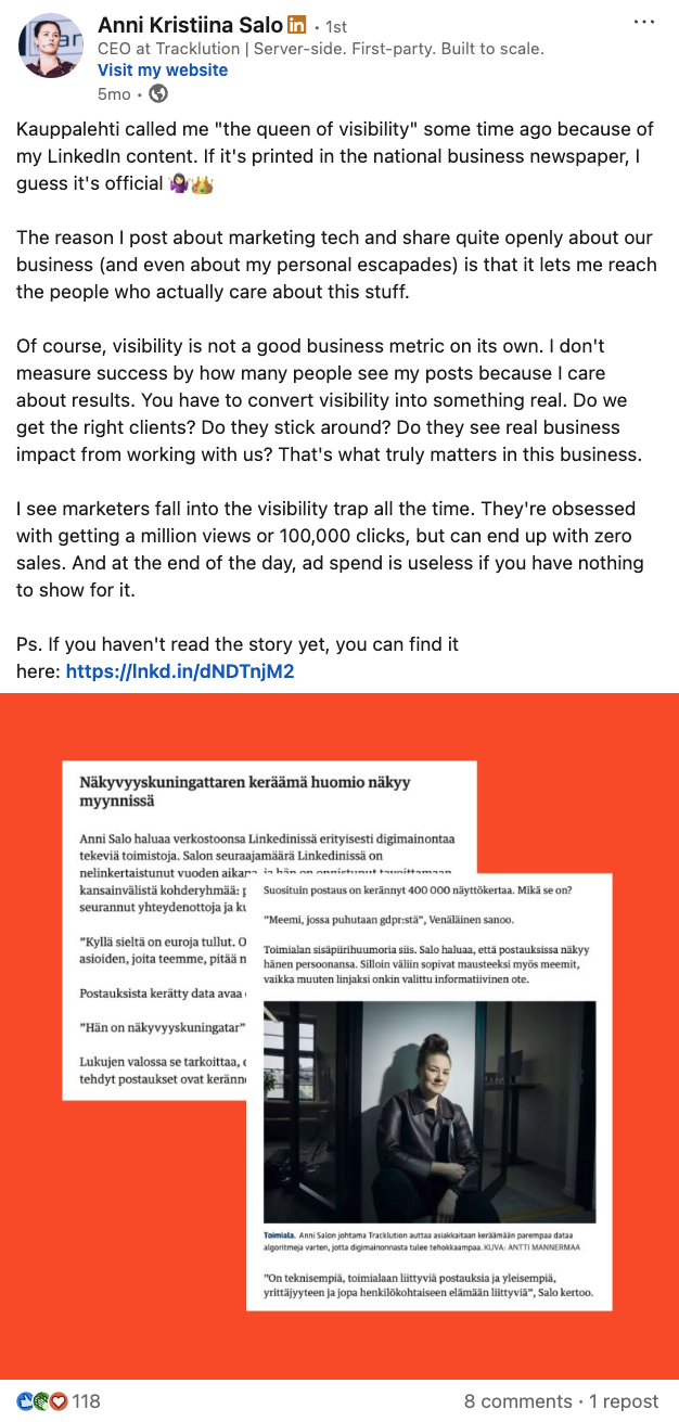 LinkedIn post by Anni Salo, Tracklution
