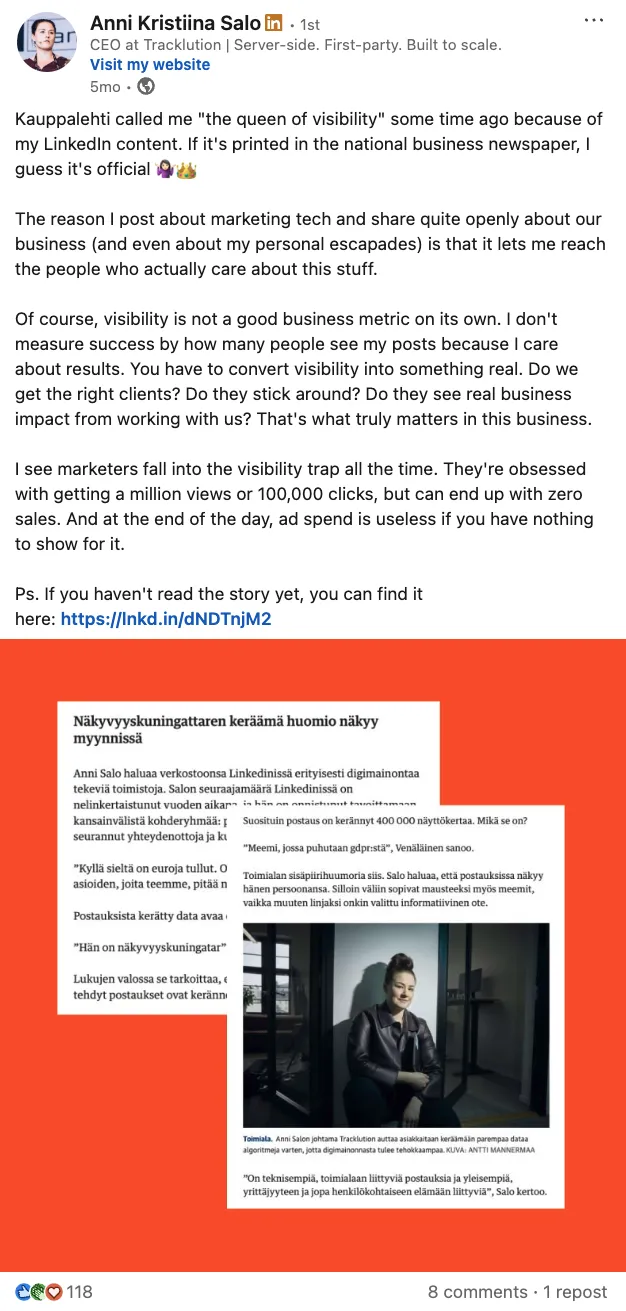 LinkedIn post by Anni Salo, Tracklution