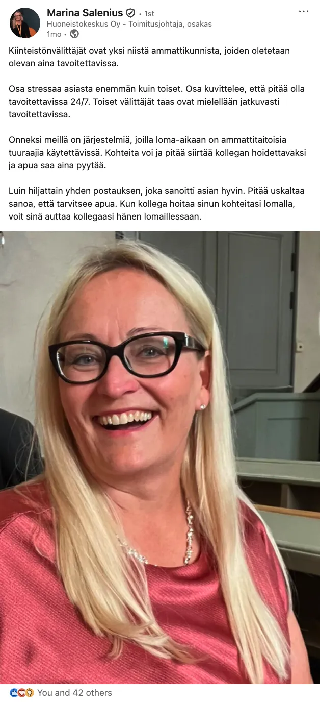 A LinkedIn post by Marina Salenius of Huoneistokeskus
