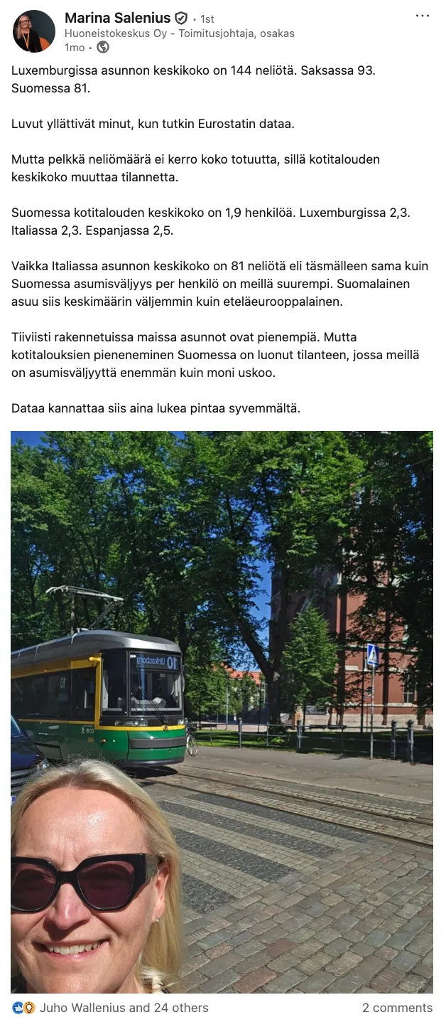 A LinkedIn post by Marina Salenius of Huoneistokeskus
