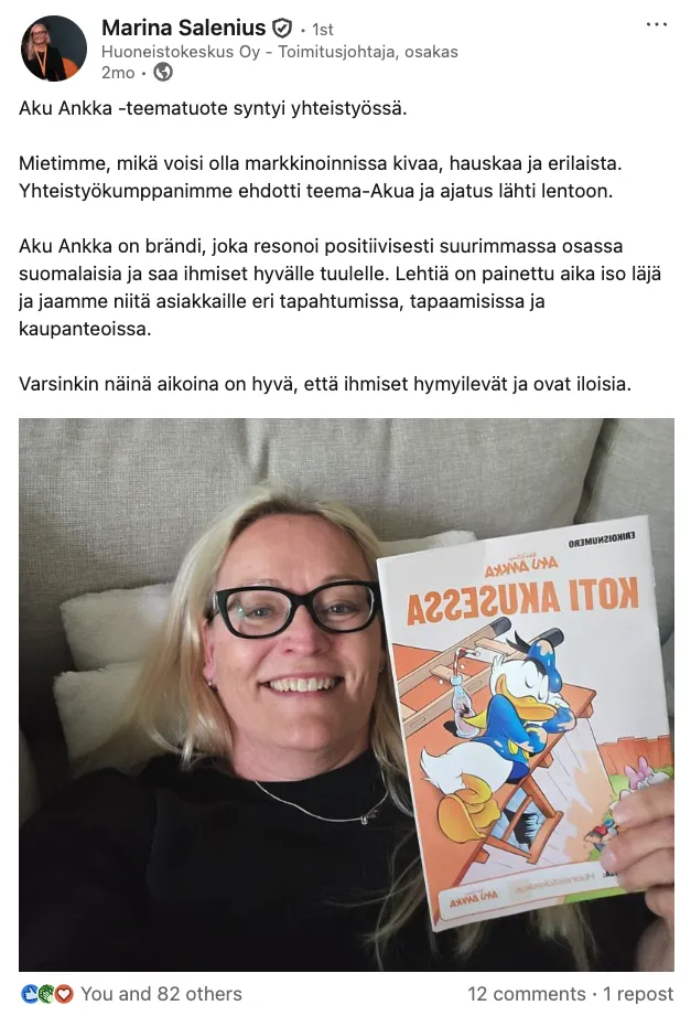 A LinkedIn post by Marina Salenius of Huoneistokeskus