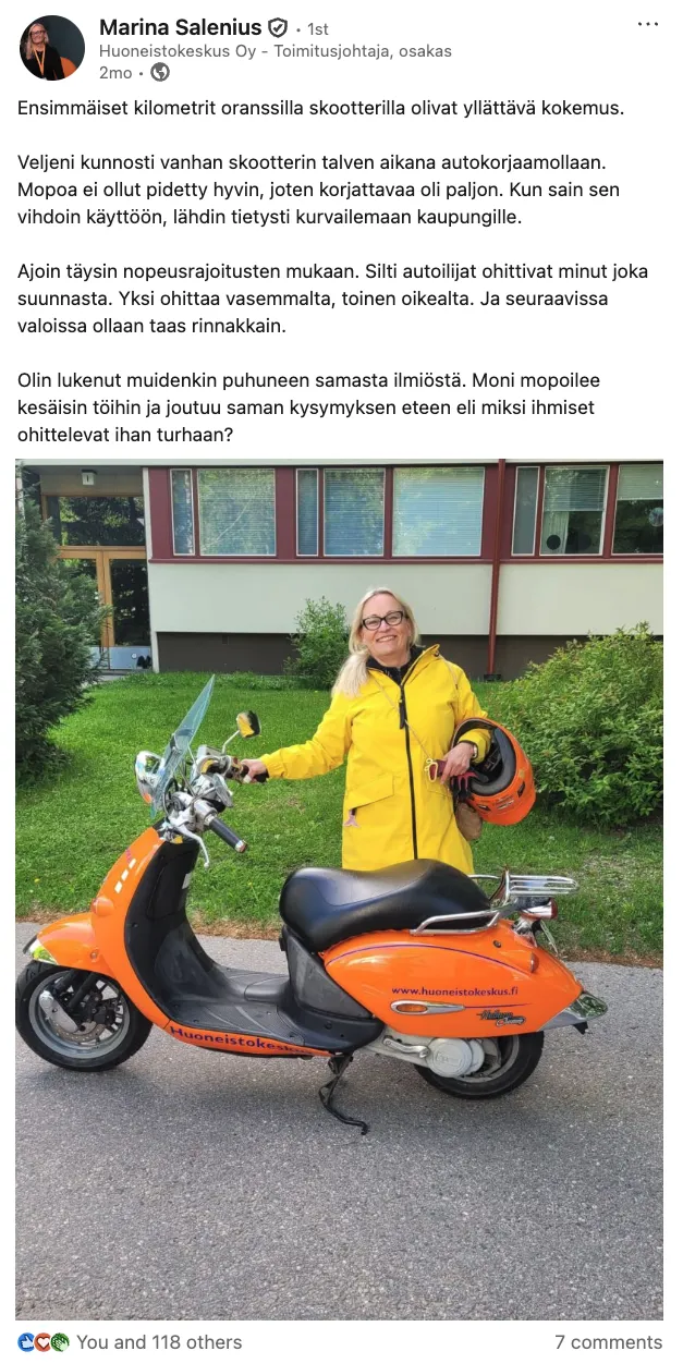 A LinkedIn post by Marina Salenius of Huoneistokeskus