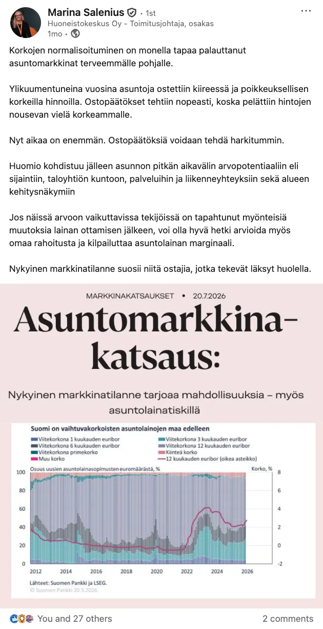A LinkedIn post by Marina Salenius of Huoneistokeskus