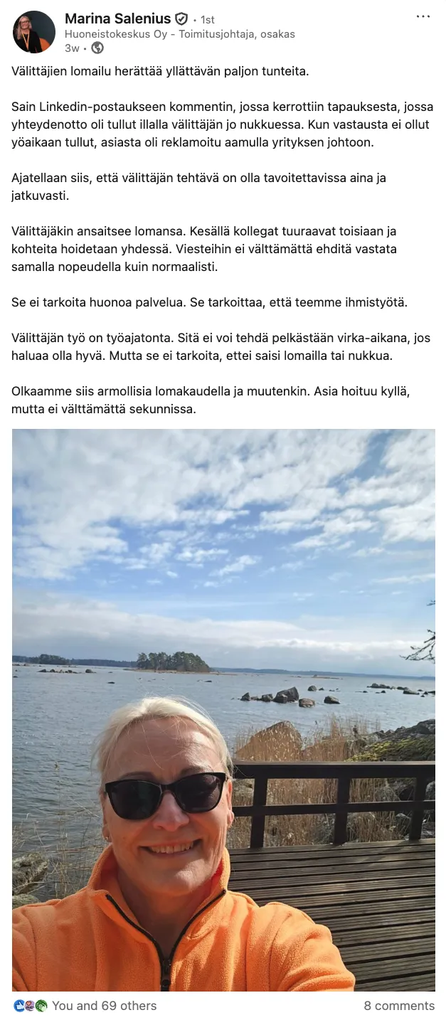 A LinkedIn post by Marina Salenius of Huoneistokeskus