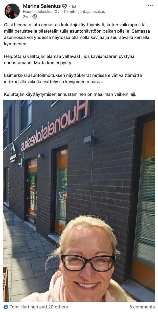 A LinkedIn post by Marina Salenius of Huoneistokeskus
