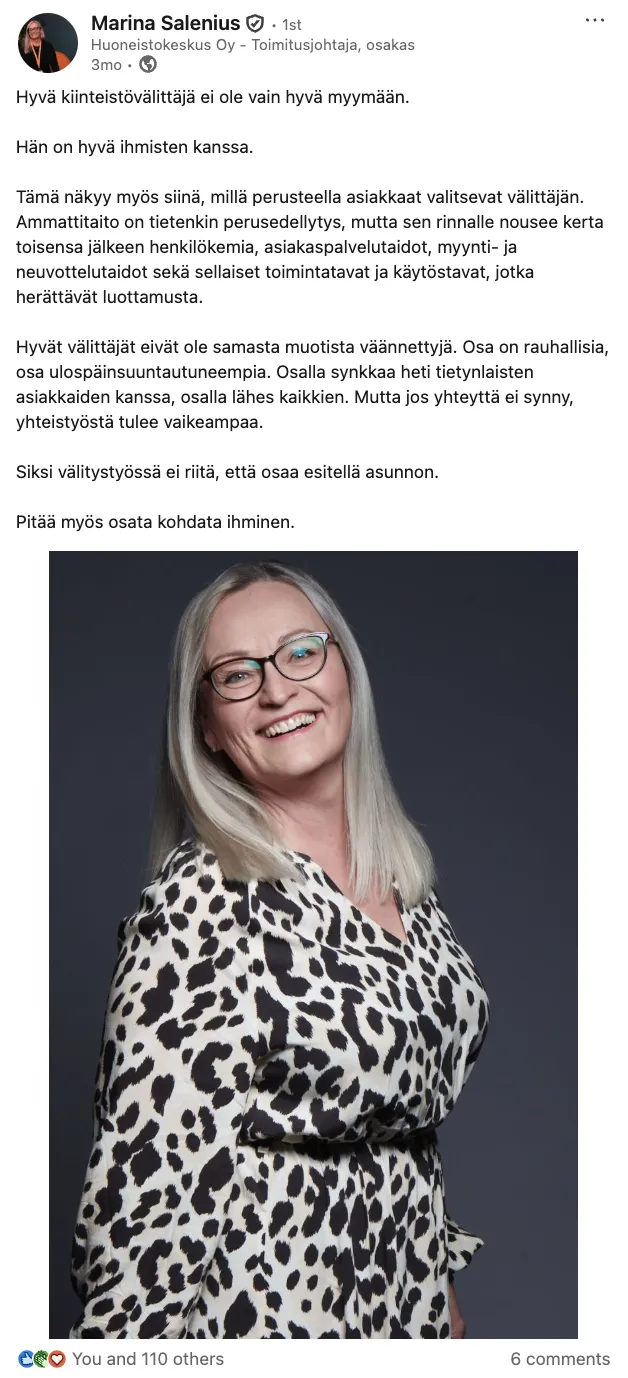 A LinkedIn post by Marina Salenius of Huoneistokeskus