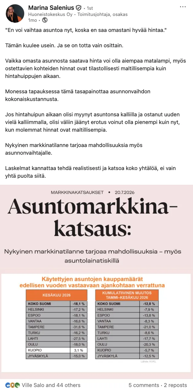 A LinkedIn post by Marina Salenius of Huoneistokeskus
