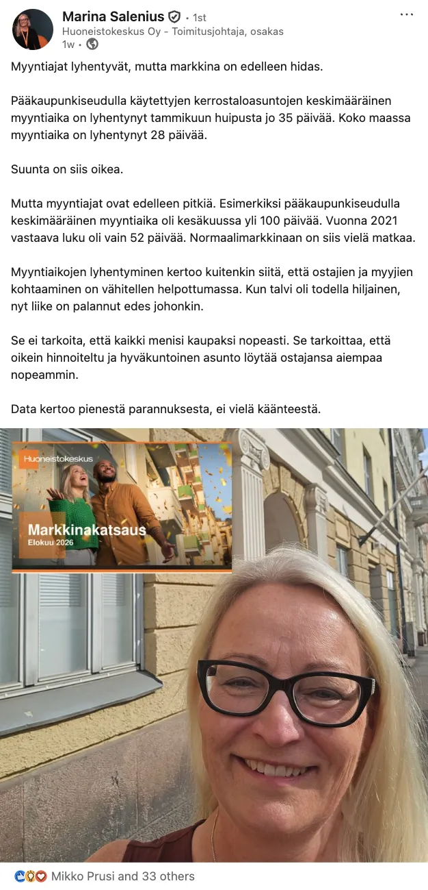 A LinkedIn post by Marina Salenius of Huoneistokeskus