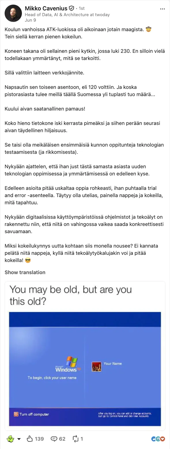 A LinkedIn post by Mikko Cavenius of Twoday