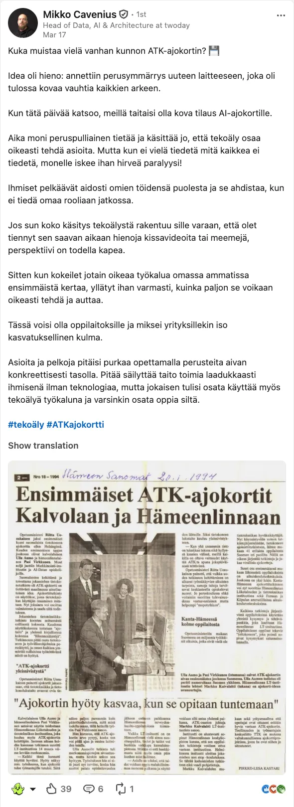 A LinkedIn post by Mikko Cavenius of Twoday